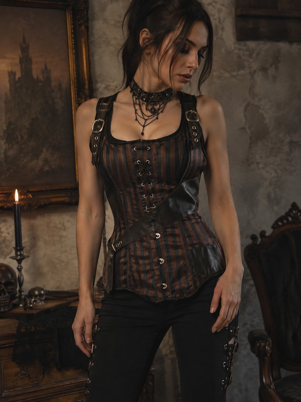 Steampunk Gothic Corset Vest Brown Black Striped Buckle Lace Up Women's L